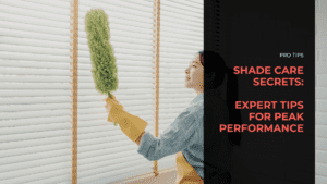 Photo of a woman, cleaning lady, dusting window shades. Image text conveys Expert Tips for Maintaining and Cleaning Motorized Shades – Keep Yours Running Like New!