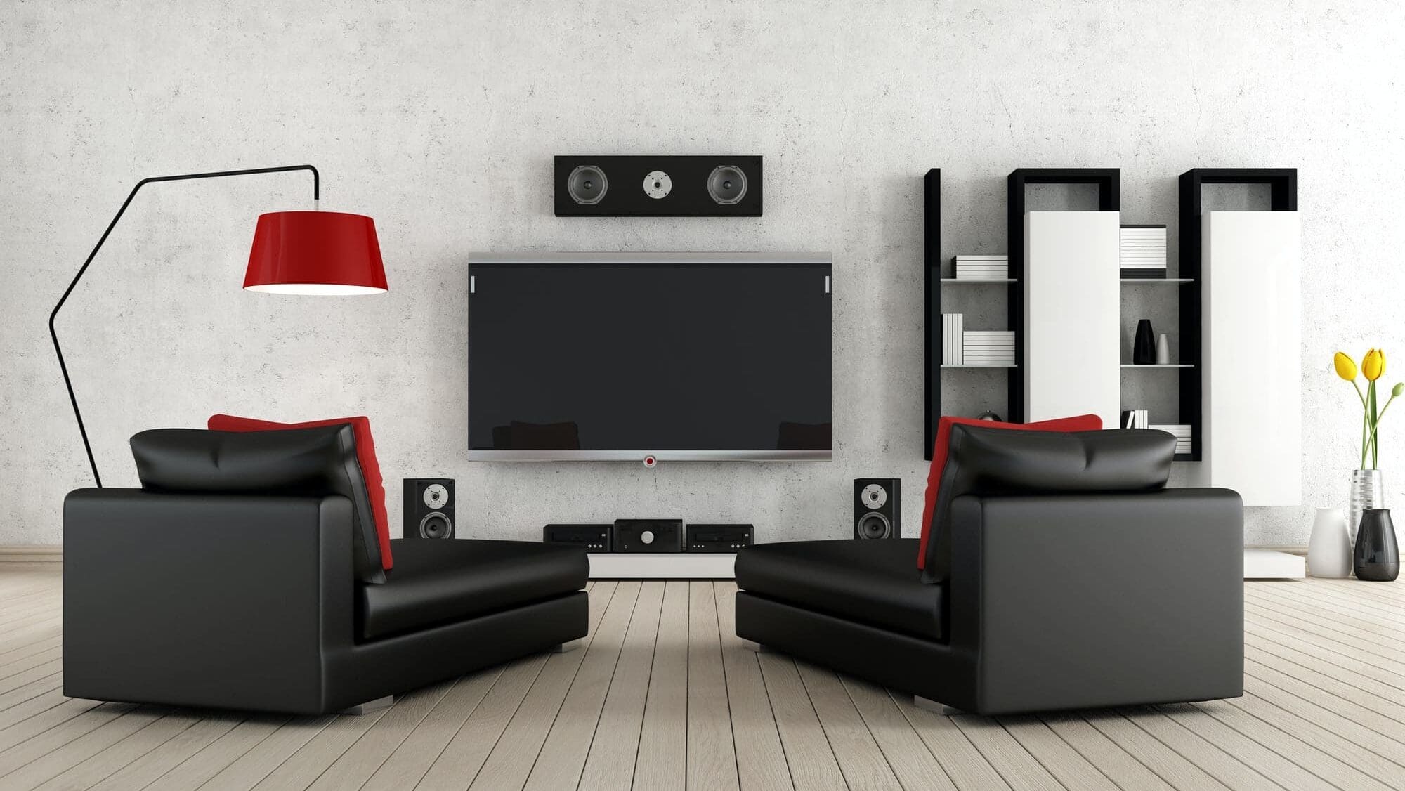 upgraded smart home theater in very modern living room with leather couches