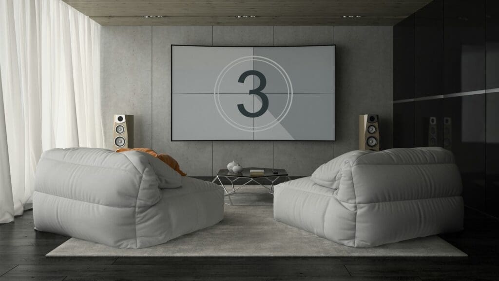 Interior of modern design room 3D rendering for custom home theater
